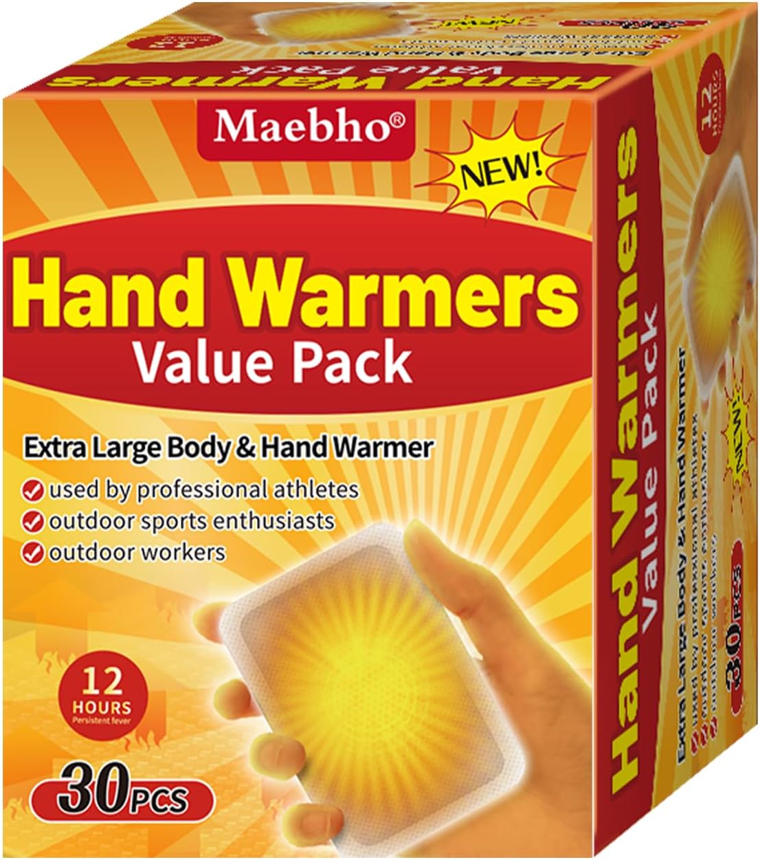 Body Warmers with Adhesive - 30pcs Hot Hand Warmers Heat Up to 12 Hours- Warmer Patch Disposable Single Use for Hands, Toes and Body