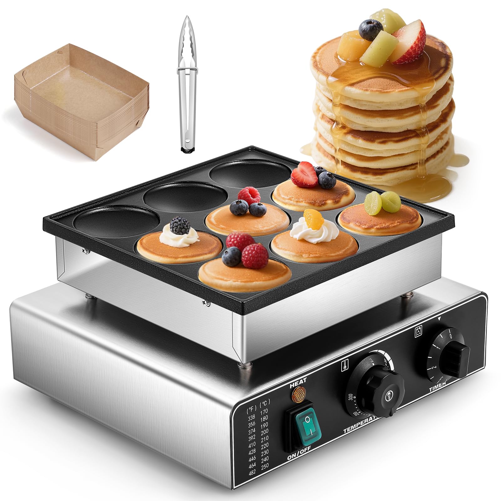 CGOLDENWALL 9 Fori Macchina Per Pancake Olandese, con Rivestimento Antiaderente, Timer 0-5 min e Temperatura Regolabile 50-300℃, Mini Dutch Pancake Maker per Dorayaki, Poffertjes, Muffin