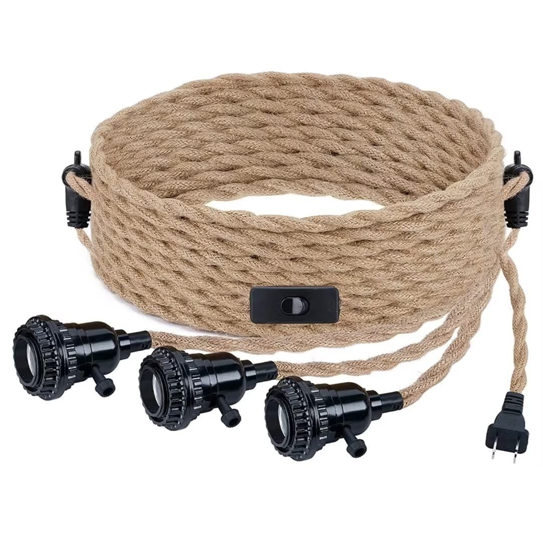 Kit de Luz Colgante Vintage Con Cable de Cáñamo Trenzado - 3 Enchufes, Enchufable, Interruptor de Encendido/Apagado, 15 Pies/4,5 m