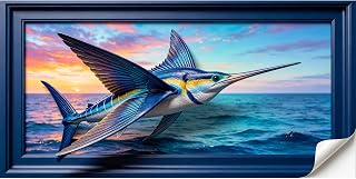3D Framed Wall Art Swordfish Ocean Marine Sunset Seascape Relief Effect Large Size Self-Adhesive Removable Wall Decor Prints Artwork for Living Room Bedroom Office