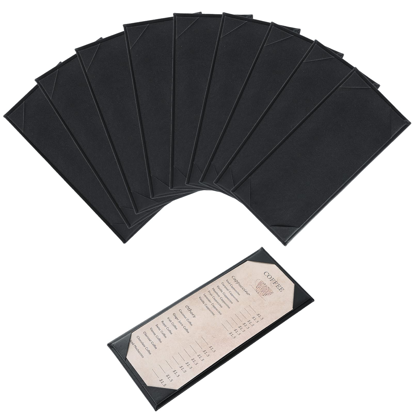 Restaurant Menu Covers Holders 4.25" x 11" | Pack of 10 Synthetic Leather Single Panel One View with Angled Corners Black for Wine List, Drinks (10, Single Panel 1 View (4.25 x 11 inch))