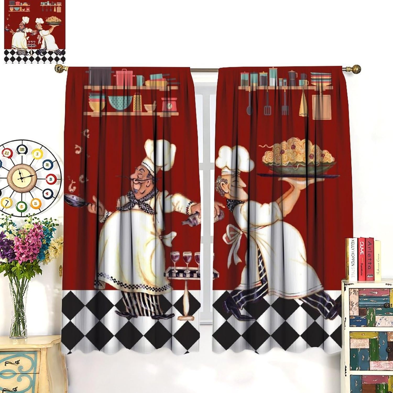 Chef Kitchen Curtain Abstract Funny Cook Theme Window Treatment for Bedroom Living Room Red Black Buffalo Check Plaid Decor Window Drapes 42" W X 54" L