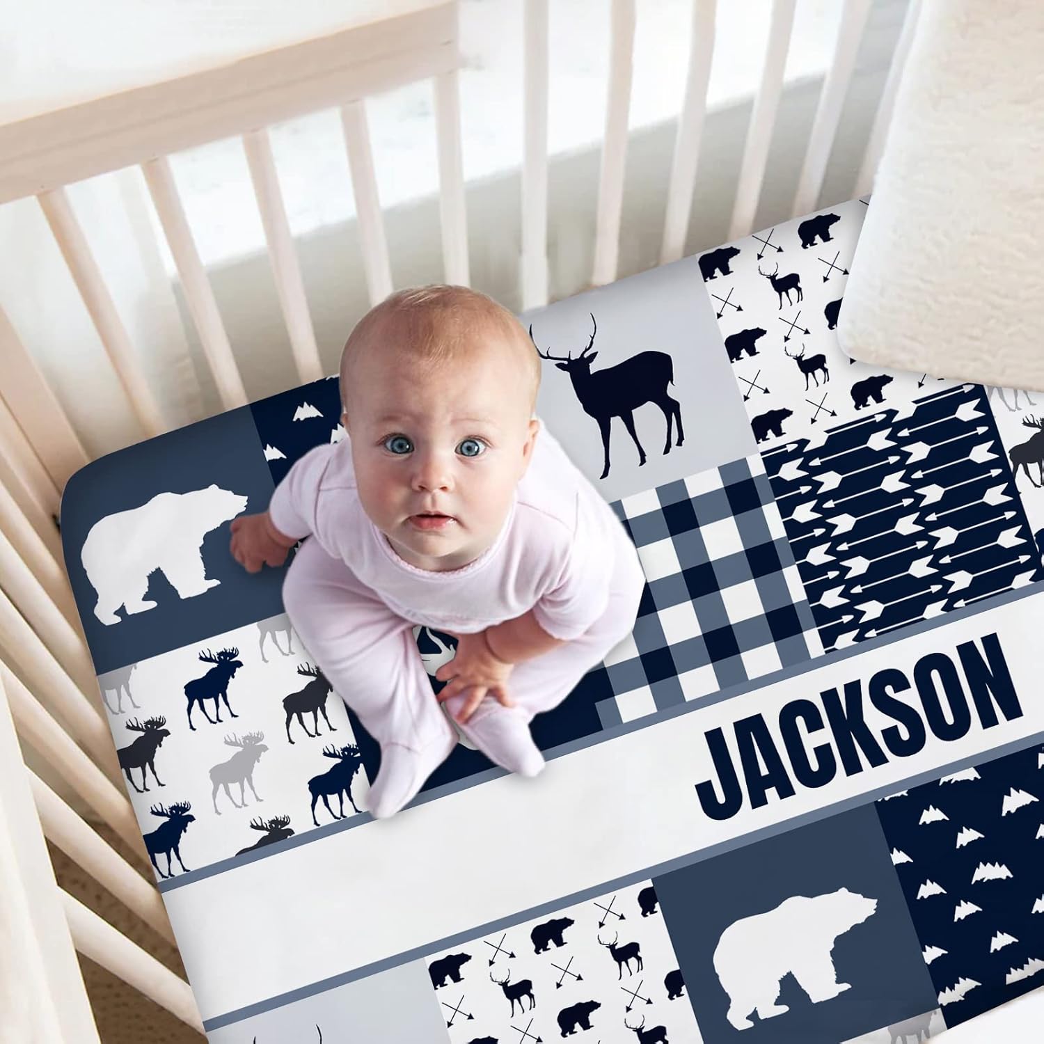 Personalized Baby Crib Bedding Set for Baby Boys, Custom Woodland Deer Blue Nursery Bedding Sets with Name, 2 Piece Crib Bedding Sets, Crib Comforter, Crib Fitted Sheets for Baby, Baby Essentials