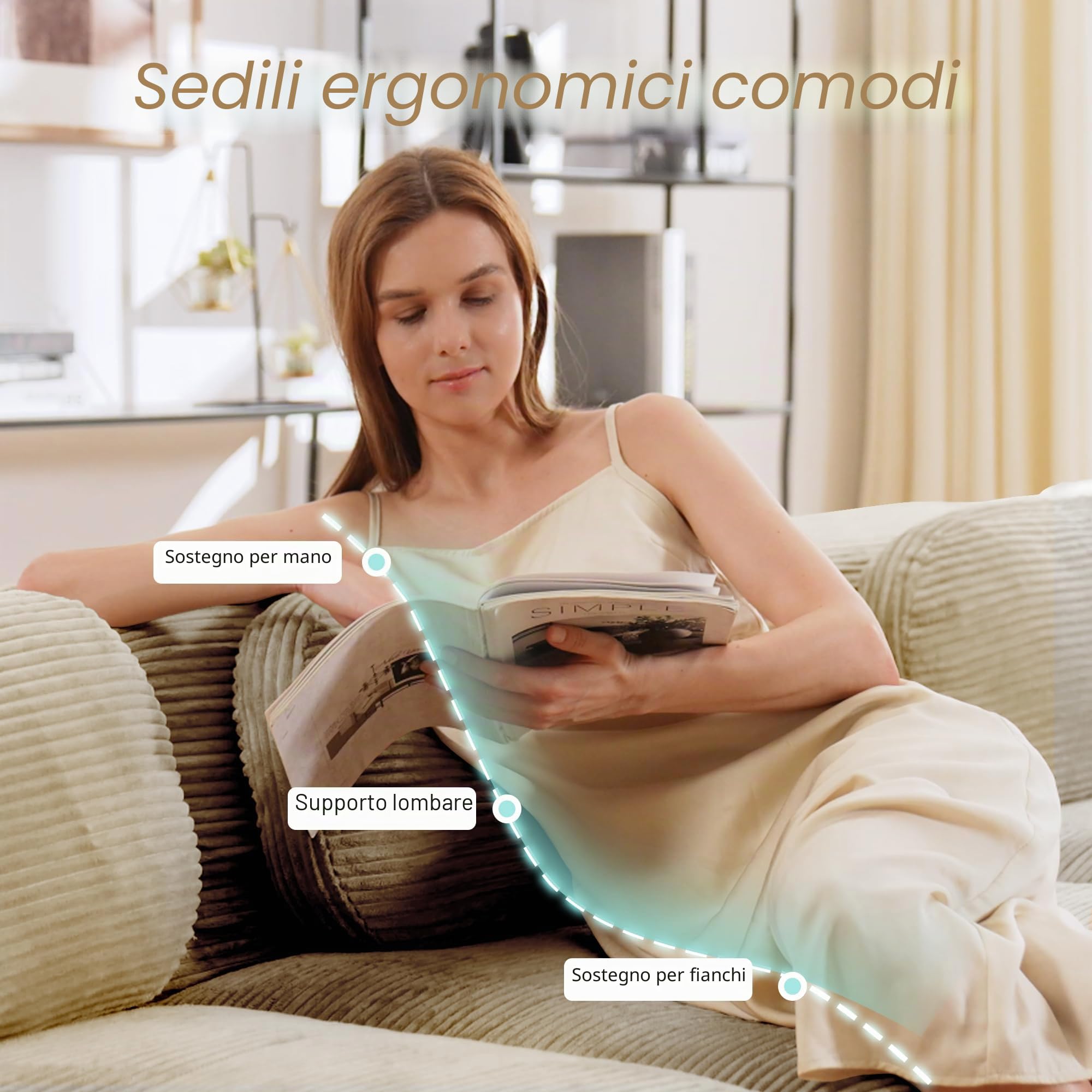 Divano a U 3 Posti in Morbido Velluto a Coste, Componibile Modulare Sofà con Braccioli Curvati, Imbottitura in Schiuma Altamente Elastica per Soggiorno e Camera da letto, Senza Montaggio(Beige)