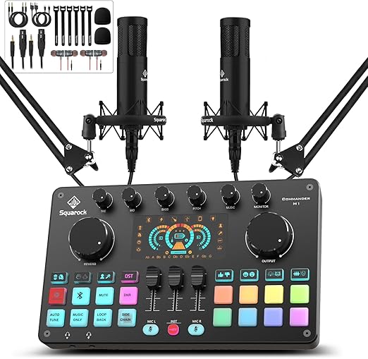 Podcast Equipment Bundle for 2, Audio Interface DJ Mixer with Studio Podcast Microphones Portable Battery Powered For Podcast, Live streaming, Recording, Music Creation COMMANDER M1