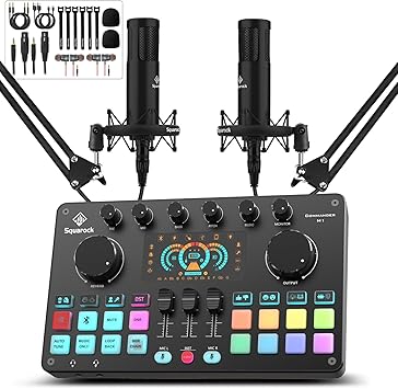 Podcast Equipment Bundle for 2, Audio Interface DJ Mixer with Studio Podcast Microphones Portable Battery Powered For Podcast, Live streaming, Recording, Music Creation COMMANDER M1