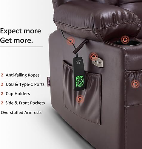 Miniatura 130 de MCombo Silla reclinable eléctrica de doble motor para personas mayores, silla elevadora plana con calor y masaje, portavasos, puertos USB, piel