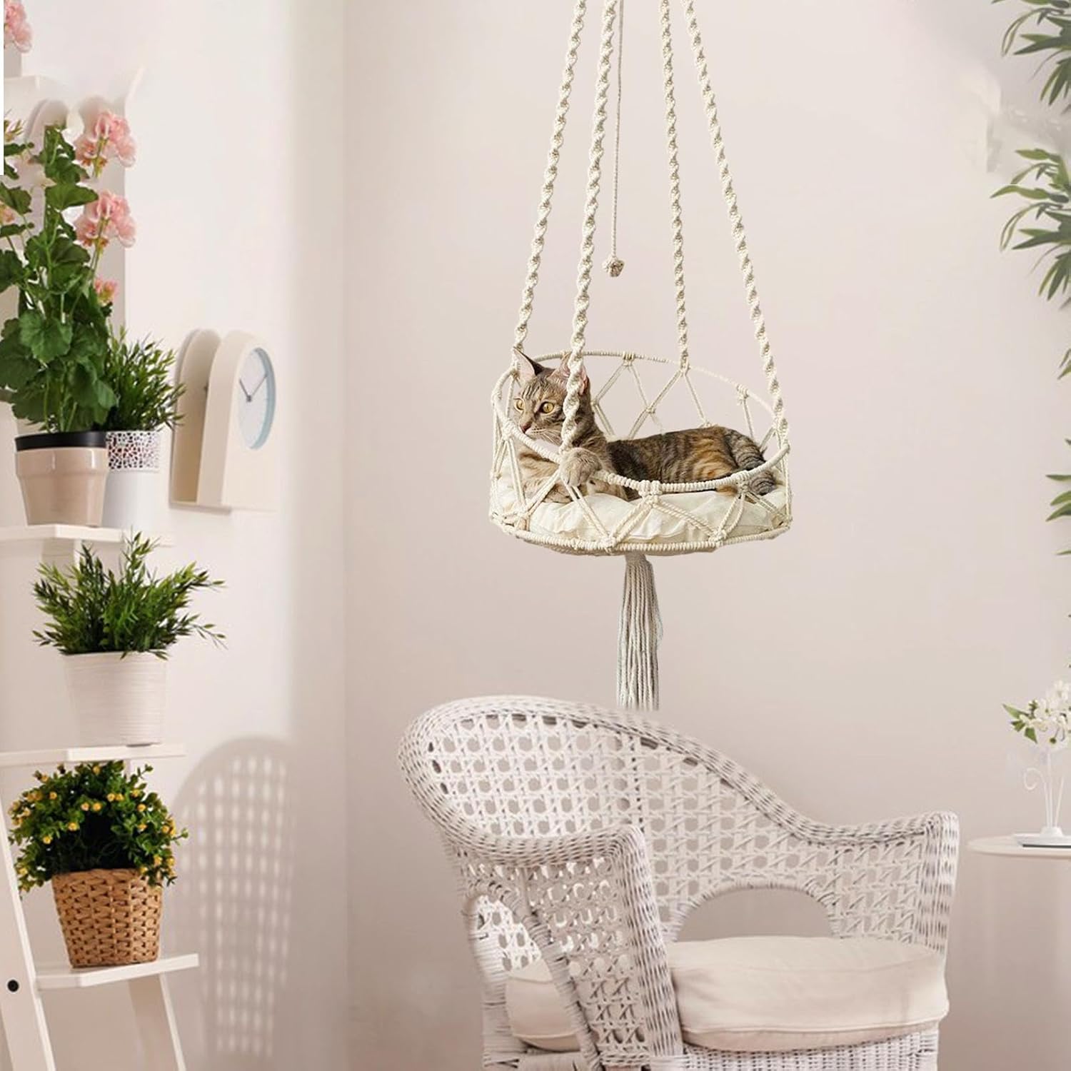 review Macrame Cat Swing Bed- Boho Cat Swing Bed| Elevated Cat Dog Bed| Indoor Cats Boho Hammock | Pet Cat Beddings Comfortable with Removable Cushion for Balcony, Study Room, Living Room, Patio