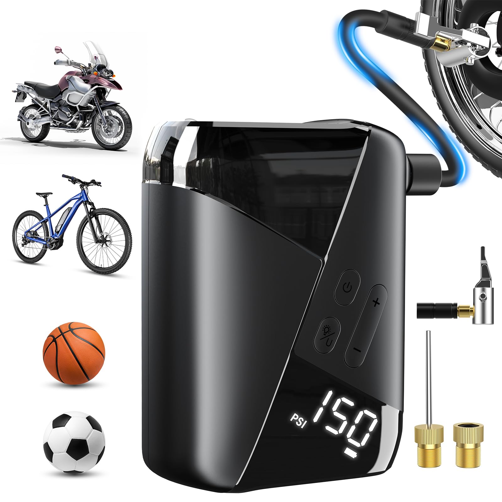Electric Bike Tire Pump, Max 150 PSI, Rechargeable 3000mAh, Portable Mini Air Pump for Bike Bicycle Motorcycle Tire Inflator with Presta Schrader Valve, LED Digital Gauge, Auto Stop, 10L/Min Airflow