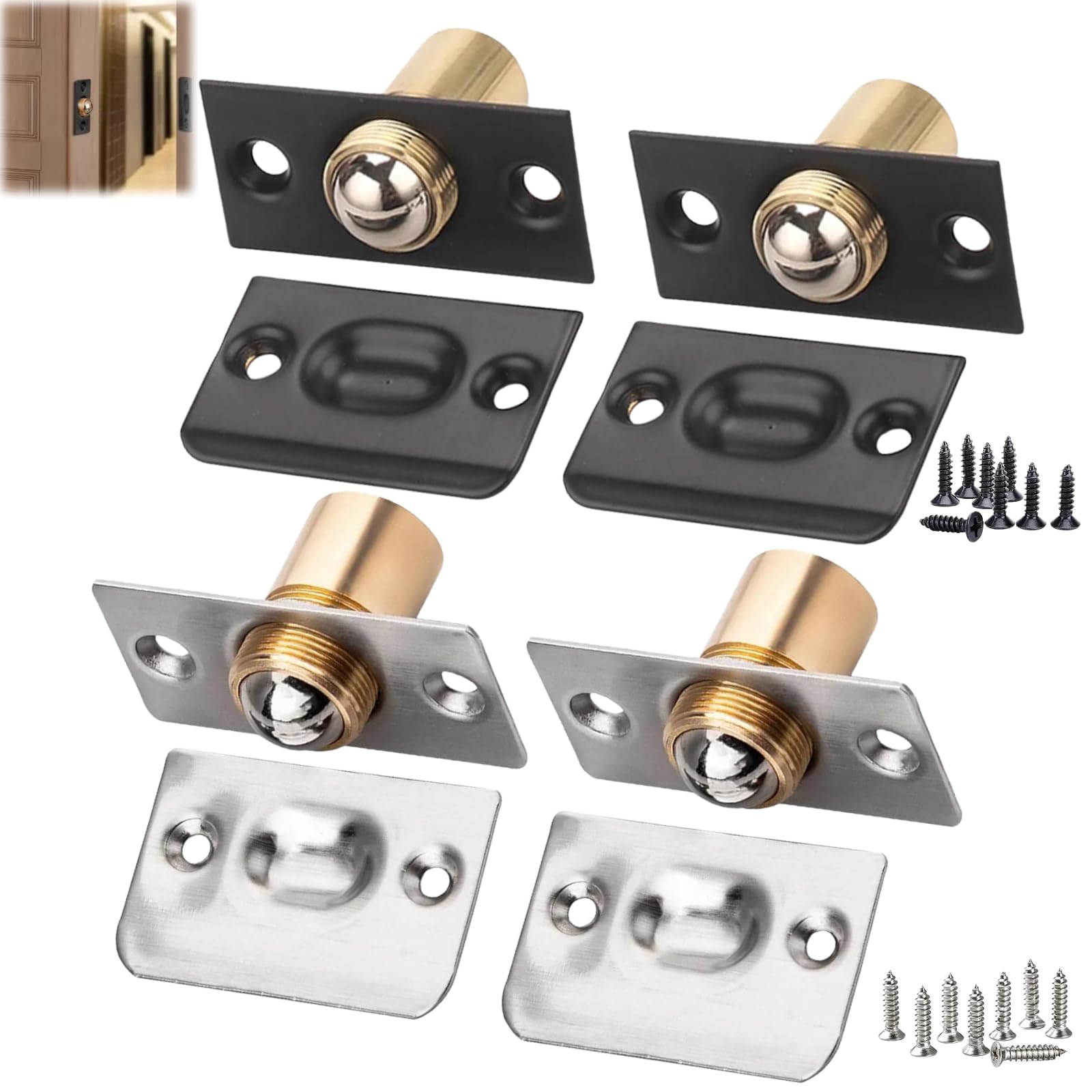 Kiqawee Silver And Black 4 Sets Ball Door Catches For Internal Doors, Roller Adjustable Ball Latches Spring Ball Bearing Door Catch For Cupboard Closet Top, Latch Invisible Cupboard Closure