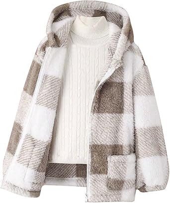 Mädchen Fleecejacke Winter - Karierte Teddyjacke Mit Kapuze