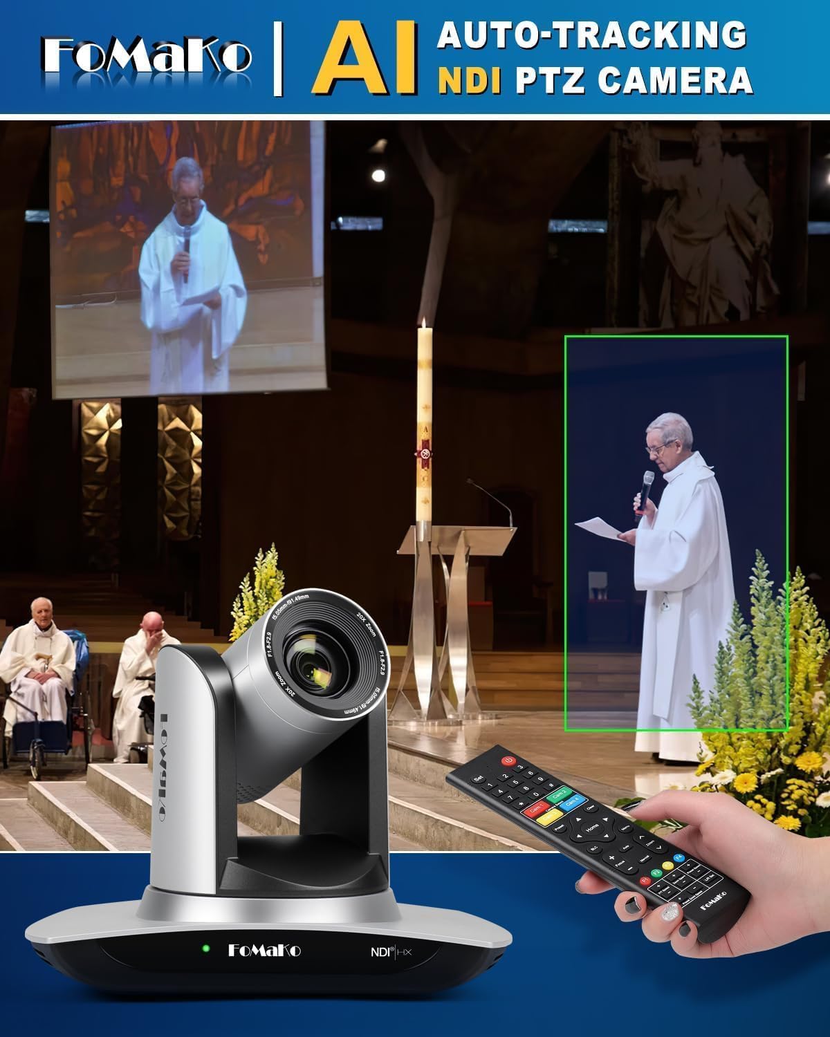 FoMaKo NDI HX3 PTZ Kamera Set, 20x Optischer Zoom KI-Auto-Tracking, mit HDMI/USB3.0/LAN(PoE), für YoTube vMix OBS Live Streaming, mit 2*FMK20UH NDI Kamera(Silber) +1* NDI PTZ Controller (BN402)