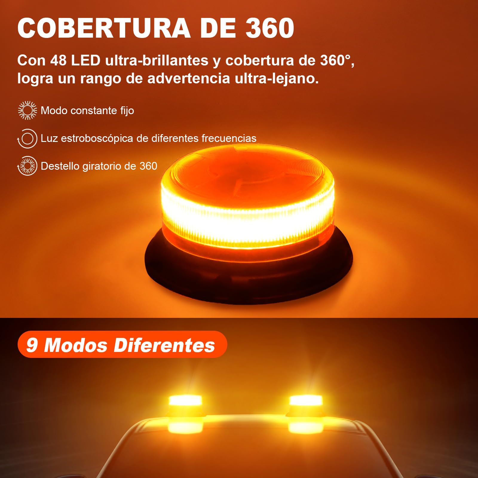 AnTom 2 unidades Luz de Emergencia LED -Sin certificación V16 9 Modos de Parpadeo, Luz de Emergencia Naranja LED con Imán para Camión, Tractor, SUV, Coche de Golf, Vehículos de Emergencia y Obras