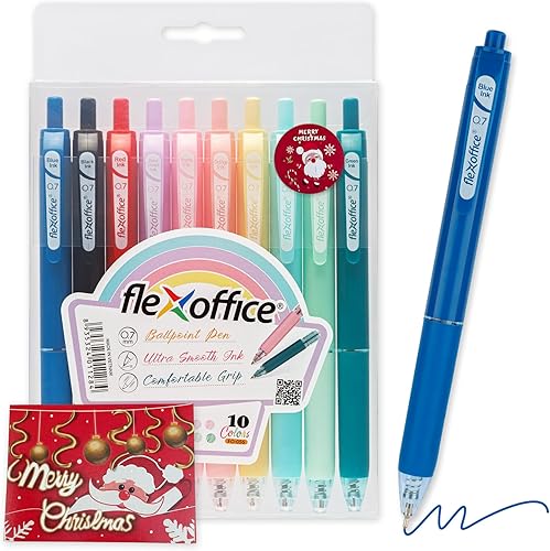 FLEXOFFICE 10 bolígrafos, tinta multicolor, punta media de 0.028 in, agarre cómodo con adhesivo de Navidad y tarjeta de felicitación