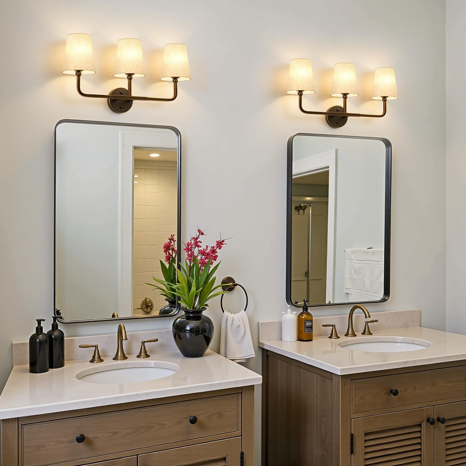 MOKATNG Bathroom Light Fixtures, 3-Light Oil-Rubbed Bronze Vanity Lights, Bathroom Lighting Fixtures Over Mirror with Flared Linen Shade, Modern Wall Sconces for Living Room Hallway