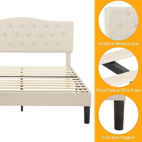Miniatura 7 de VECELO Base de cama de plataforma de tamaño matrimonial con cabecera tapizada de tela y soporte de listones de madera, no necesita somier, fácil