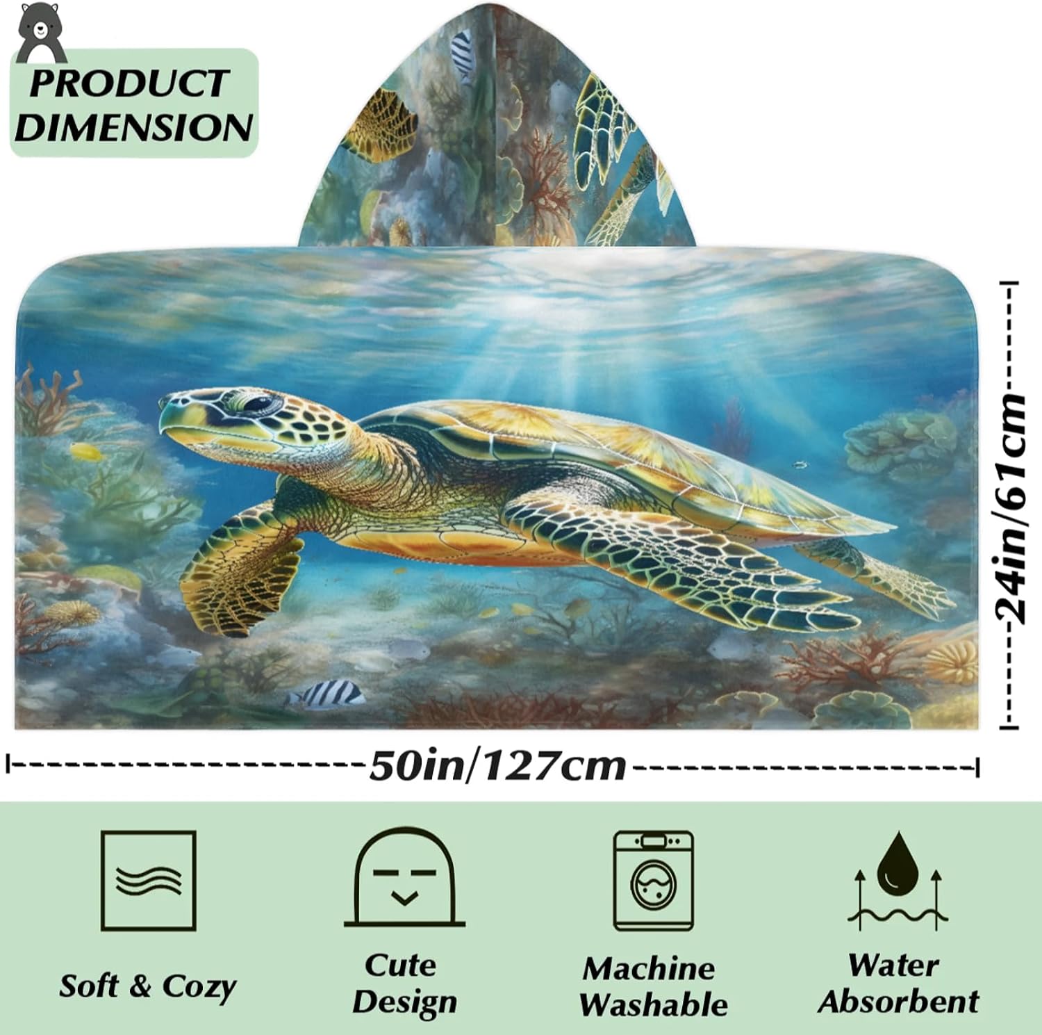 Turtle Print Hooded Towels for Kids Absorbent Soft Pool Swim Beach Bath Towel for Boys Girls, 24 in x 50 in
