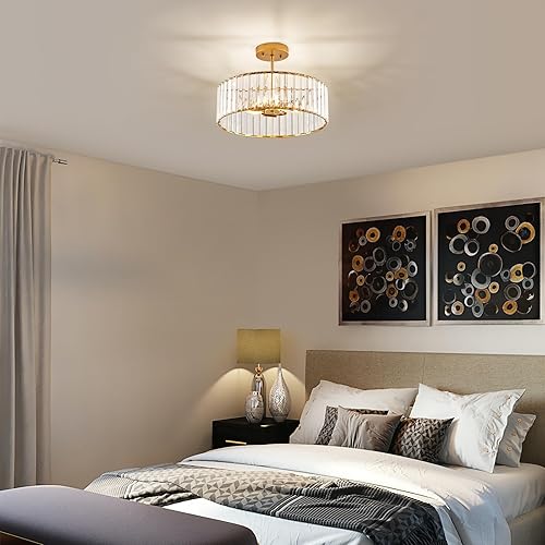 Miniatura 8 de Moderna lámpara de techo semiempotrada dorada con 3 lámparas de cristal de 15.75 pulgadas, iluminación de techo de cocina para sala de estar,