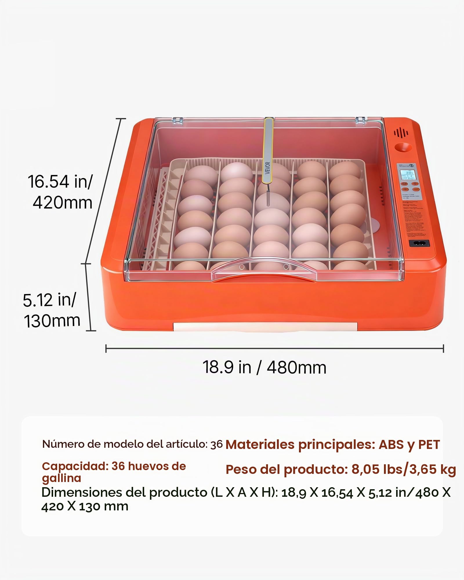 VEVOR Incubadora Huevos, Volteadora Automática con Indicador LED, Pantalla de Temperatura y Control de Humedad, Ventana Transparente con Vista 360°, para Pollitos, Patos (36 Huevos)