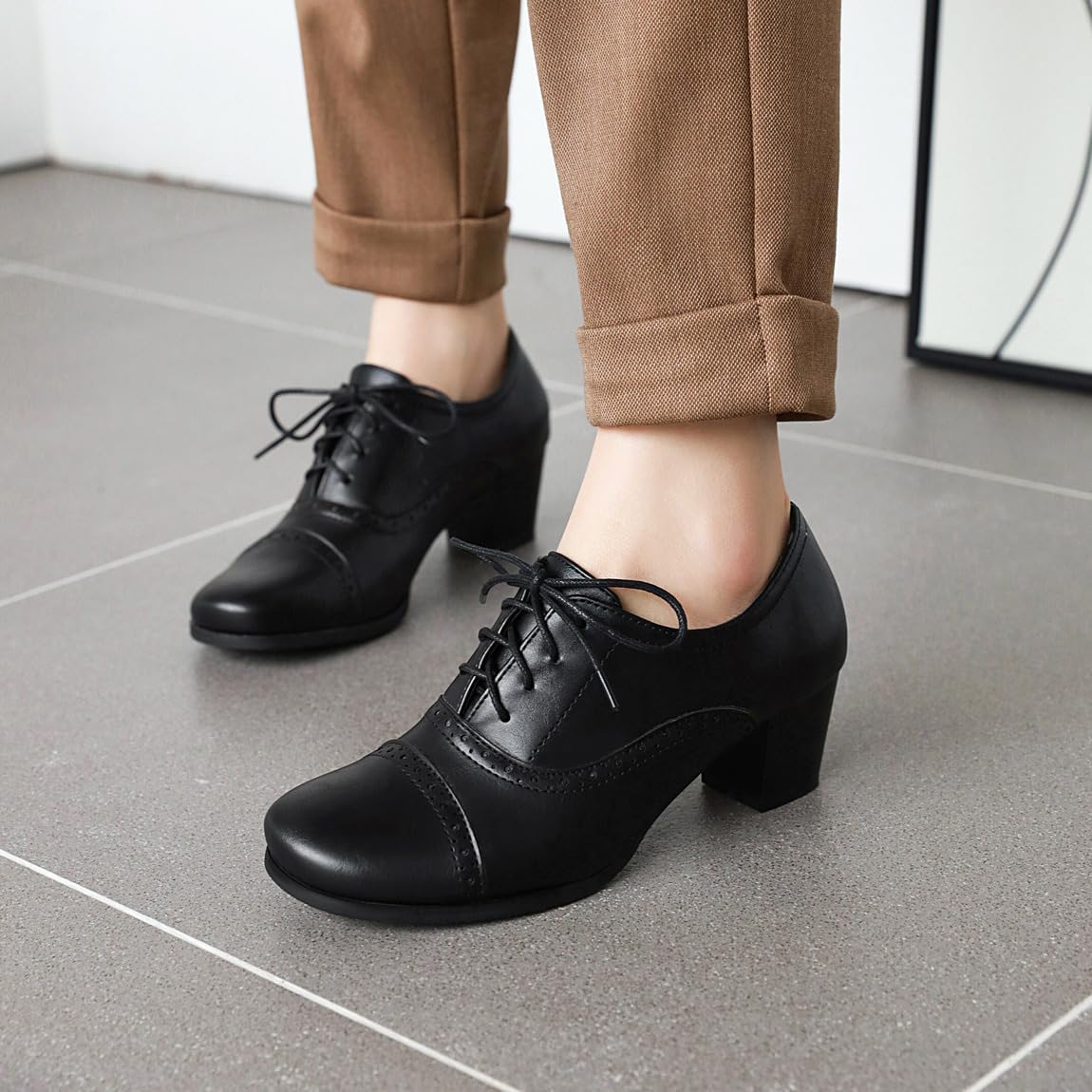 Women's Oxfords Wingtip Lace Up Chunky High Heels Pumps Square Closed Toe Vintage Brogue Dress Shoes - Image 2