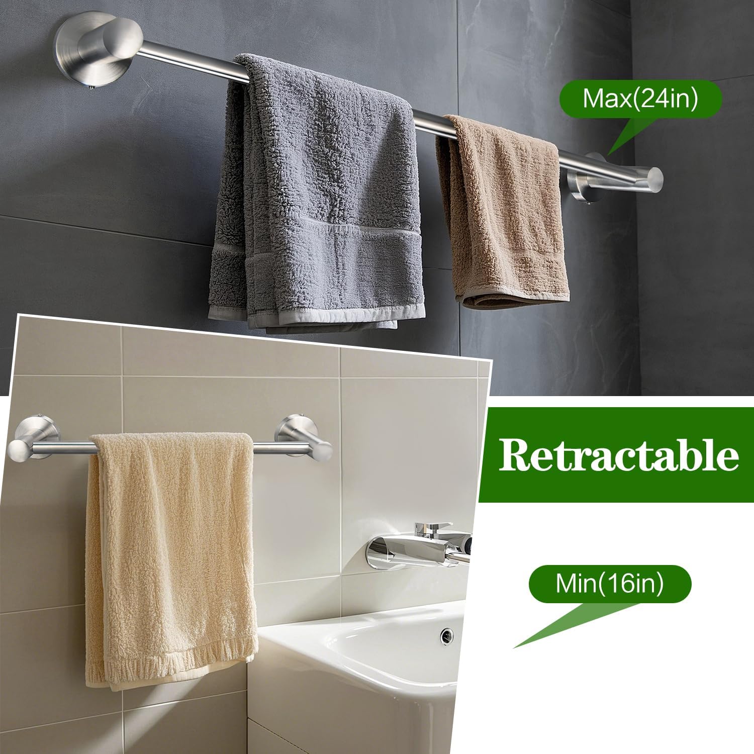 10pcs Brushed Nickel Bathroom Hardware Set, Including 2pcs 24in Retractable Hand Single Towel Bar with 2pcs Toilet Paper Holders, 2pcs Towel Rings 4pcs Multifunctional Robe Hooks