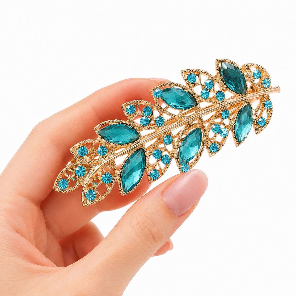Rhinestone Leaf Hair Clip, Aluminum Alloy Spring Barrette for Everyday Hairstyles, Dressy Outfits and Party Looks