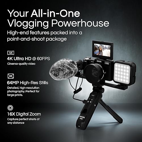 Miniatura 3 de Minolta Kit de cámara VLOG de 64MP 4K60FPS - Videocámara digital de enfoque automático con trípode, control remoto, micrófono, luz LED, pantalla LCD