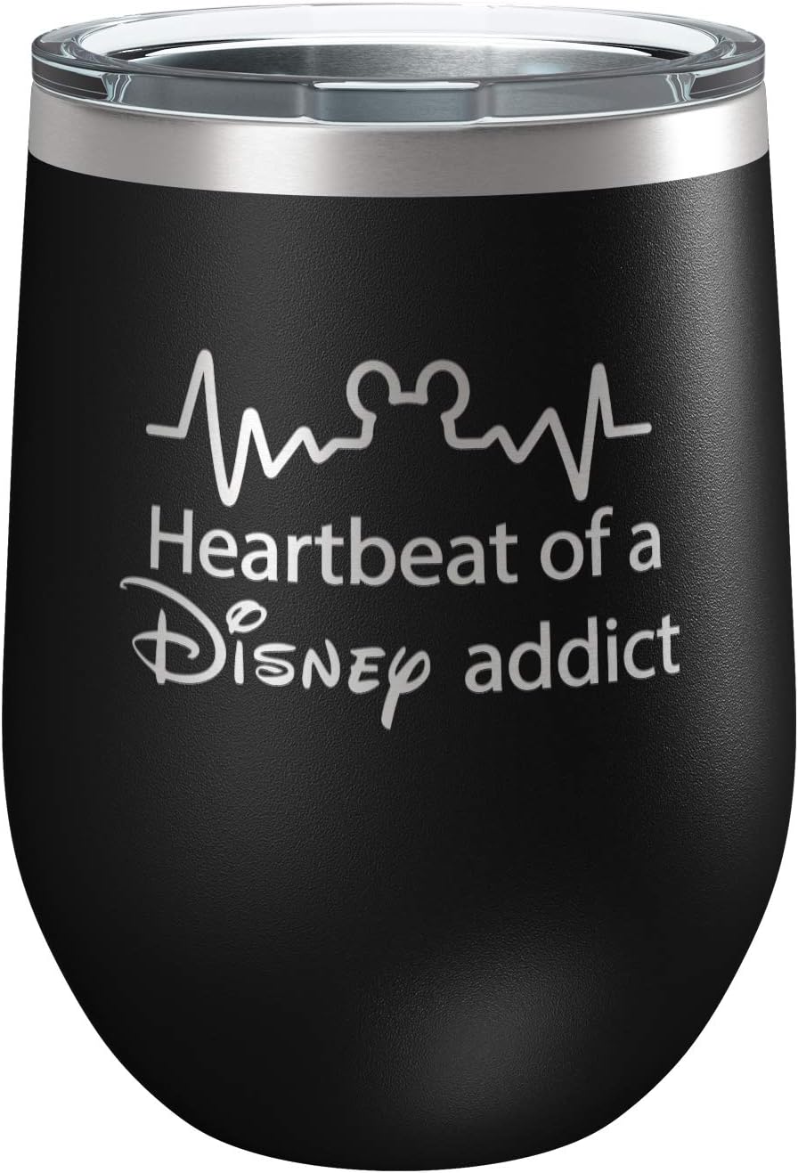 Funny Disney-Inspired Stainless Steel Wine Tumbler with Lid | Vacuum Insulated Mug | Mickey Mouse Fan | Humorous Birthday | Housewarming Gift | Heartbeat of a Disney Addict (Black)