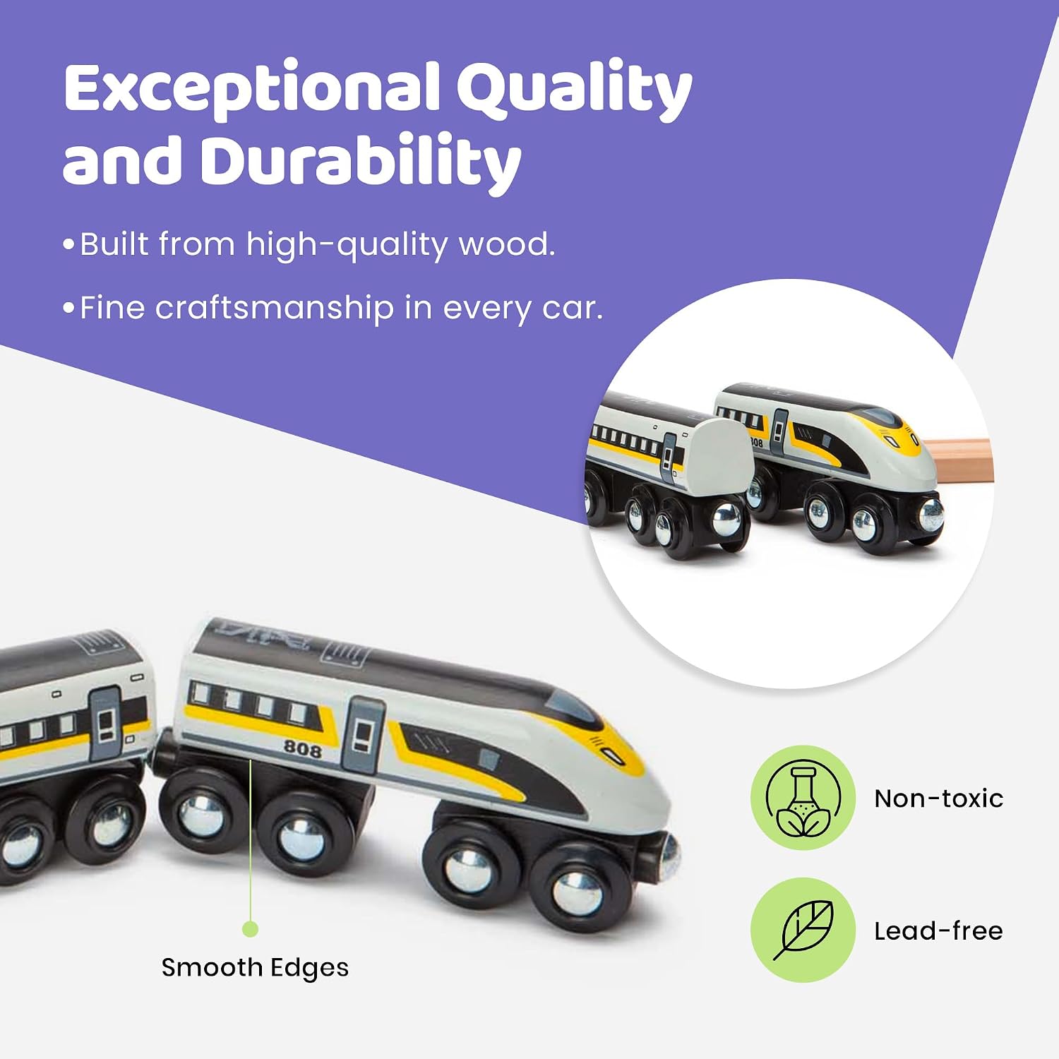 inc. Wooden Bullet Train, Wooden Train Set of 2 Modern Engines 1 Sleek Passenger Car with Magnetic Connectors, Compatible with Thomas & Friends, BRIO, Other Major Brands