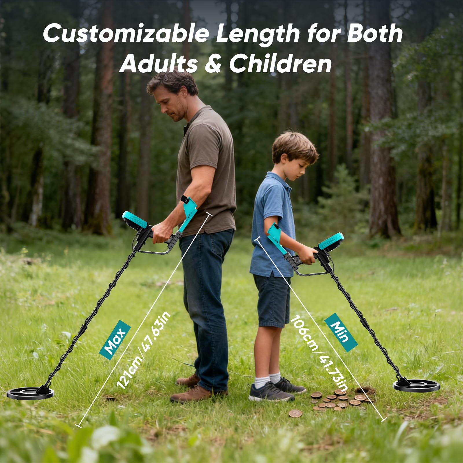 Metal Detector Professionale con Display LCD, Lunghezza Regolabile 106-121 cm, metaldetector professionale con funzione Pinpoint, Bobina Impermeabile IP68 per la caccia al tesoro in spiaggia