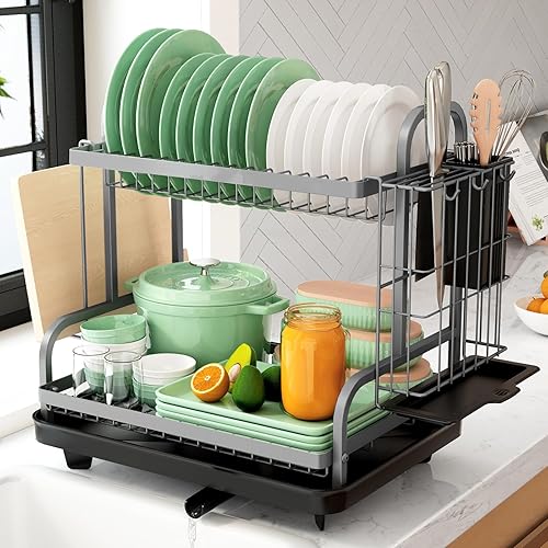 Kitsure Escurridor de platos, multifuncional, escurridor de platos de cocina a prueba de óxido con escurridor, estante de secado de platos de 2