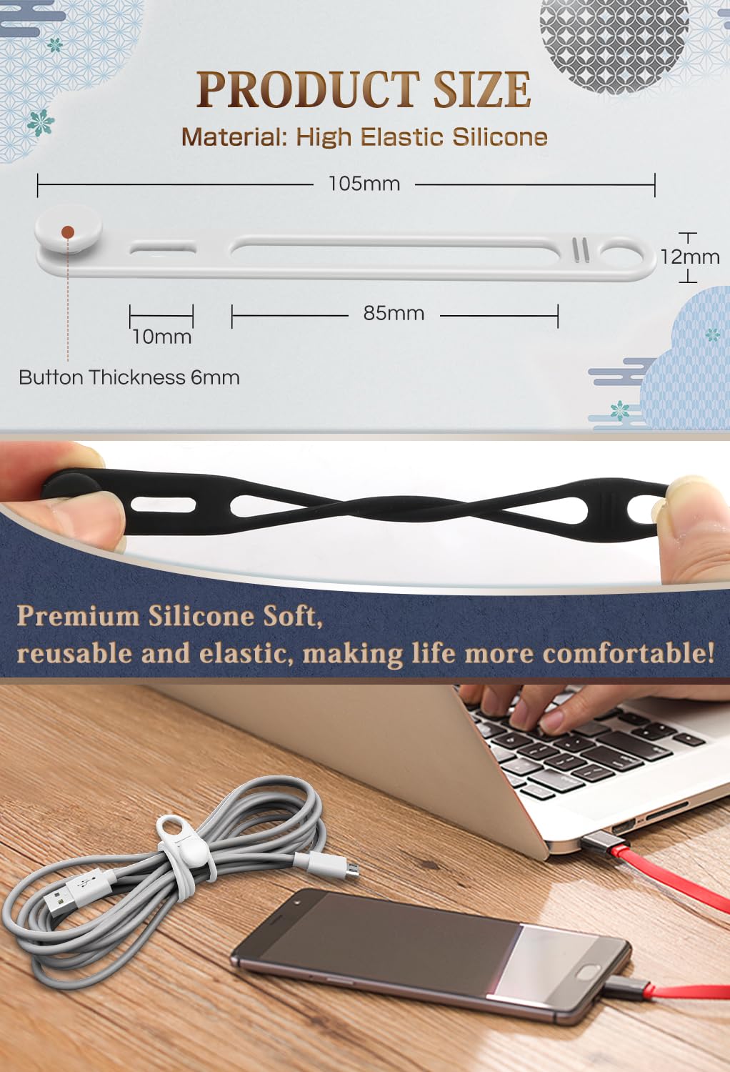 Viaky Silicone Cable Ties 10Pcs, Reusable Cable Straps Management Organizer - Image 2
