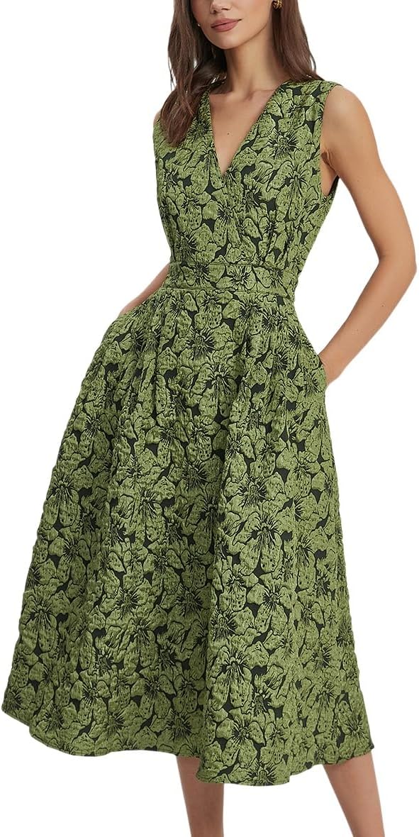 Ladyful Sleeveless Floral Jacquard Dress for Women Summer V Neck Midi Dress Elegant A Line Party Dresses with Pockets