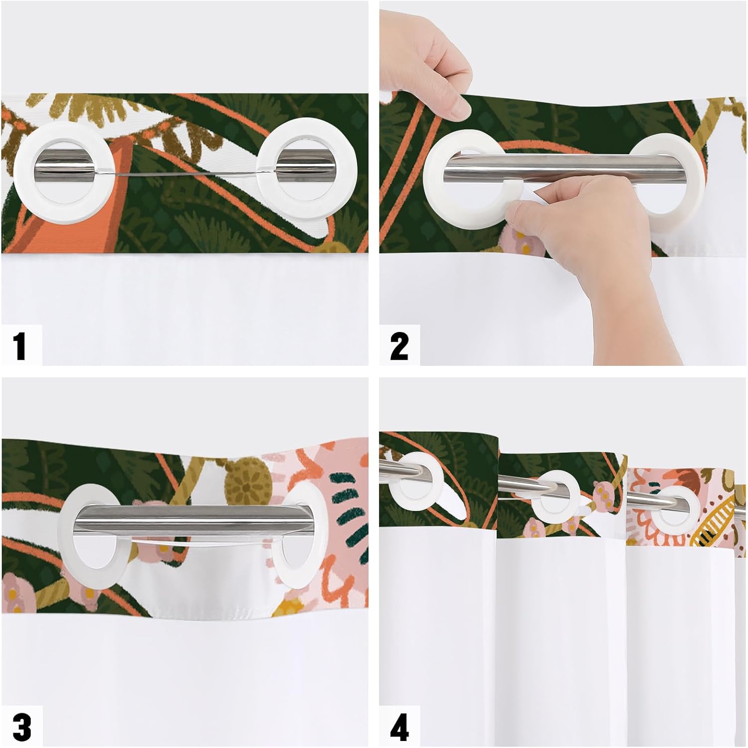 MitoVilla No Hooks Needed Boho Floral Shower Curtain Set with Snap-in Liner, Abstract Tropical Leaves Fabric Cloth Shower Curtain for Chic Elegant Hotel Spa Bathroom Decor, 72 x 74