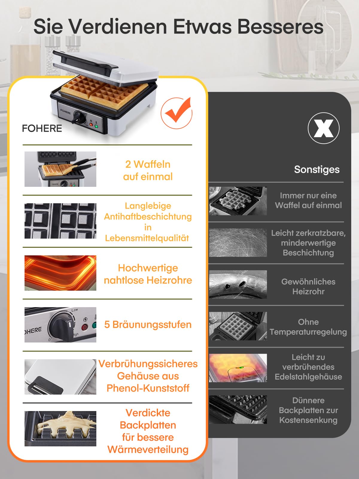 XL 2er Waffeleisen | 1200 Watt | Waffelautomat | Paninigrill | Waffeltoaster | Waffle Maker | Elektrogrill | XXL Wafflemaker | Waffel Eisen | Antihaftbeschichter FOHERE Waffelmacher