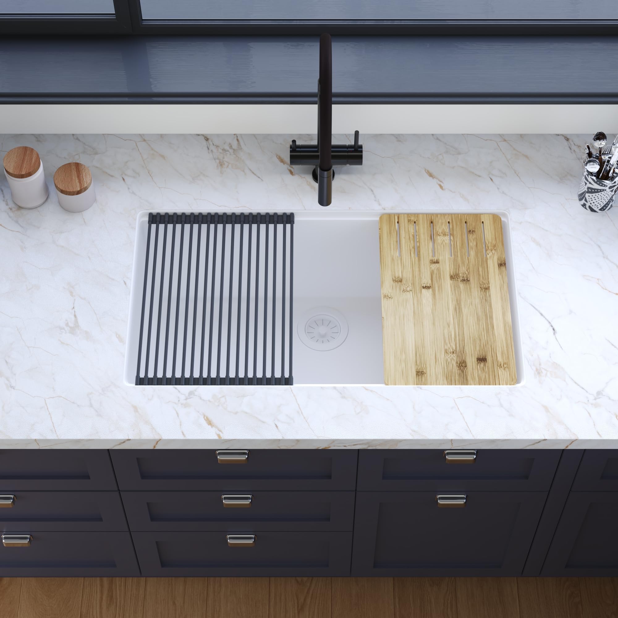 DeerValley 33 Inch White Undermount Kitchen Sink, Single Bowl Granite Composite Kitchen Sink Basin with Workstation Accessorie