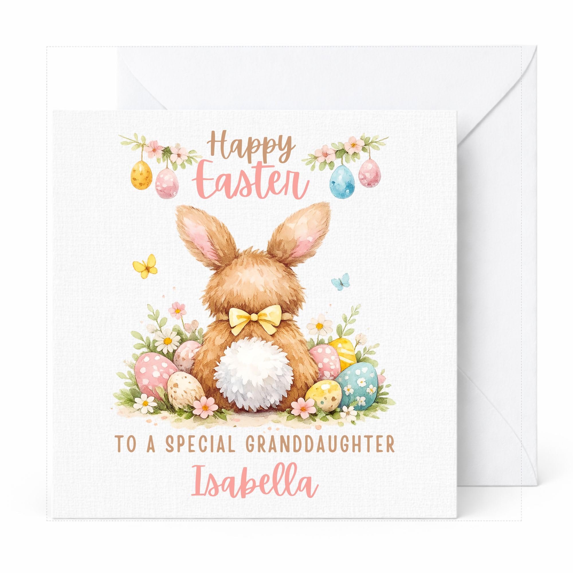 Personalised Easter Card for Granddaughter, Cute Bunny Easter Egg Card, Custom Name & Relation, Handmade Linen Greeting Card