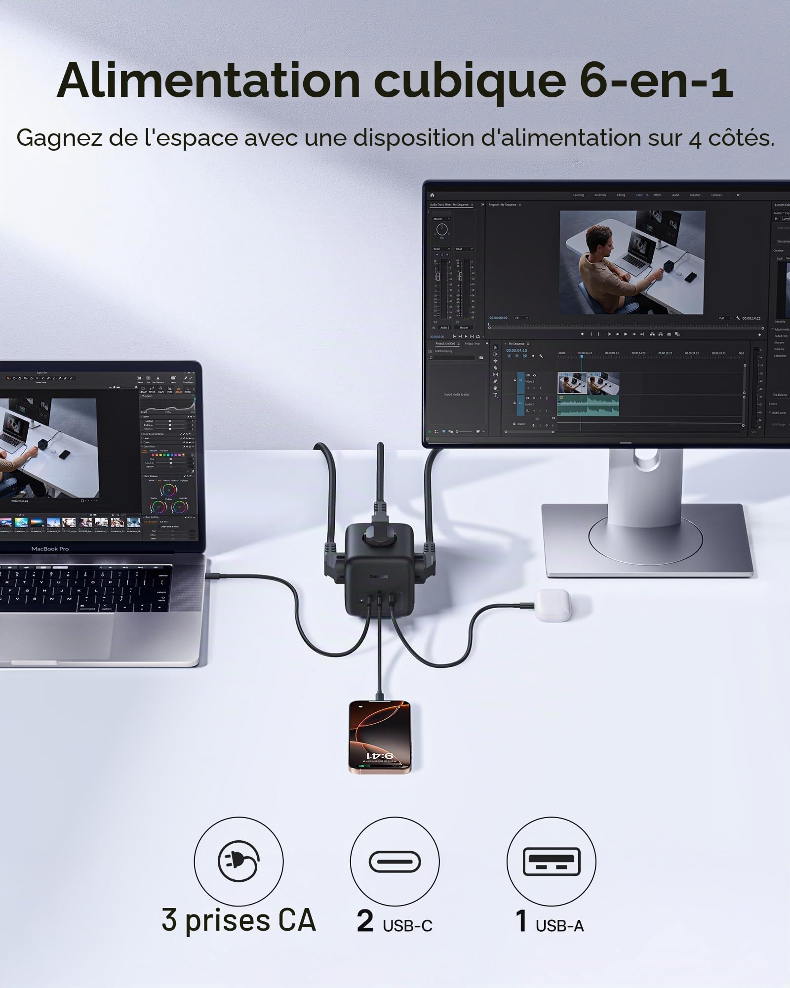 Baseus Bloc multiprise GaN6 USB C 67 W - Chargeur 3 prises avec interrupteur - Chargeur PD portable pour MacBook, iPad, iPhone 16/15, Galaxy S25 Ultra, maison, bureau, voyage