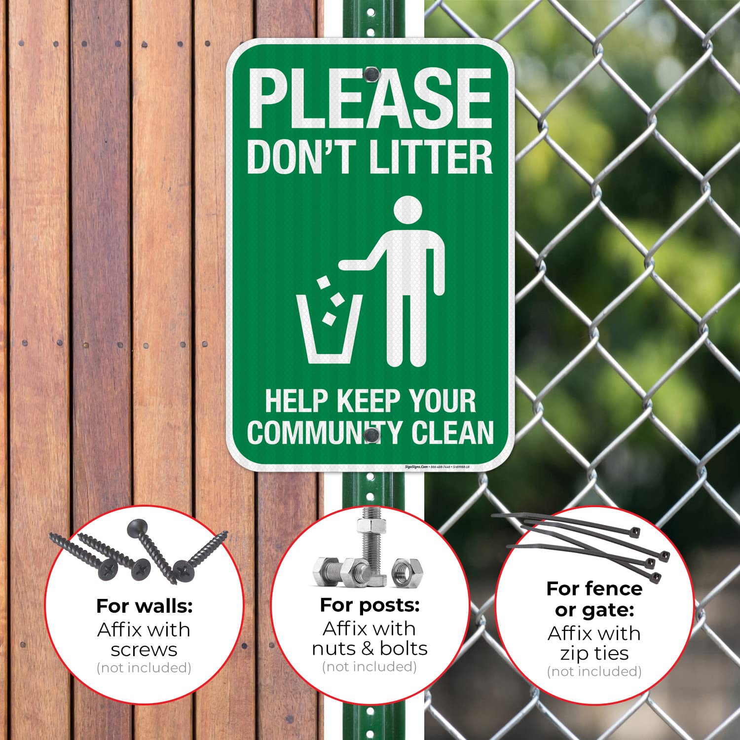 Please Don't Litter Help Keep Your Community Clean with Graphic Sign, 12x18 Inches, 3M EGP Reflective .063 Aluminum, Fade Resistant, Made in USA