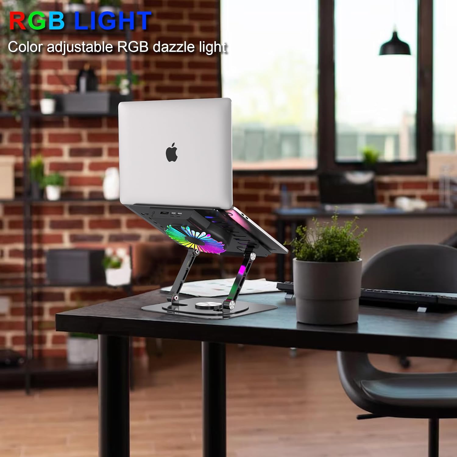 Laptop Stand,with 360°Rotating Base,External Cooling Fan,Adjustable RGB Lighting,Ergonomic Foldable Notebook Computer Holder.Compatible with All 10-17" Laptops Tablets,Black​