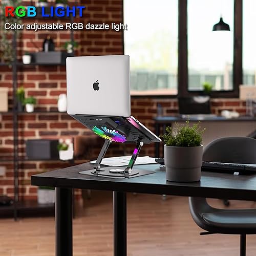 Miniatura 3 de Soporte para laptop, con base giratoria de 360°, ventilador de enfriamiento externo, iluminación RGB ajustable, soporte ergonómico plegable