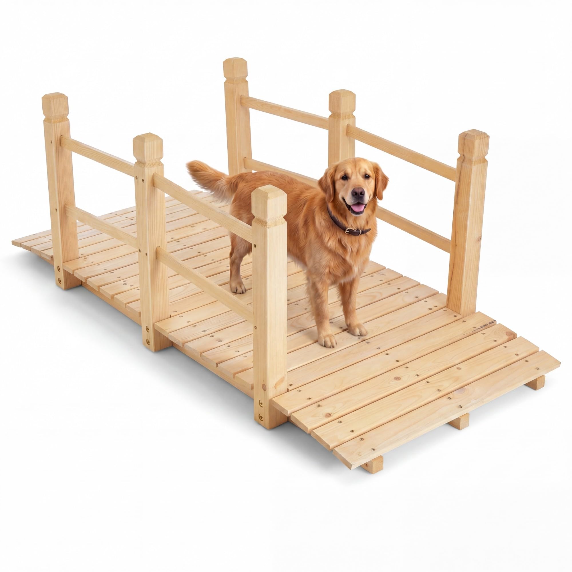FANTASK Garden Bridge, 150 x 67 x 55 cm, Wooden Bridge with Railing, Garden Bridge Made of Solid Fir Wood, Maximum Load 180 kg, Decorative Bridge for Garden, Pond and Stream (Natural)