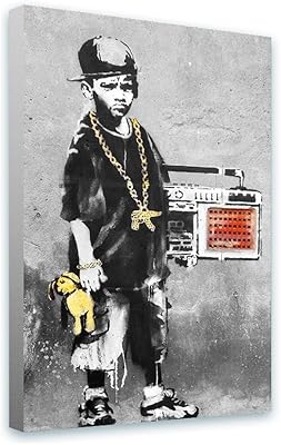 Alonline Art - Boy with Dance Mat by Banksy | Framed Stretched Canvas (Synthetic) on a Ready to Hang Frame - Gallery Wrapped | 16