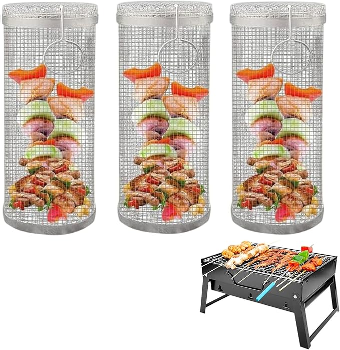 Grillkorb Edelstahl 304 - Rollender BBQ Korb Für Fisch, Gemüse & Fleisch
