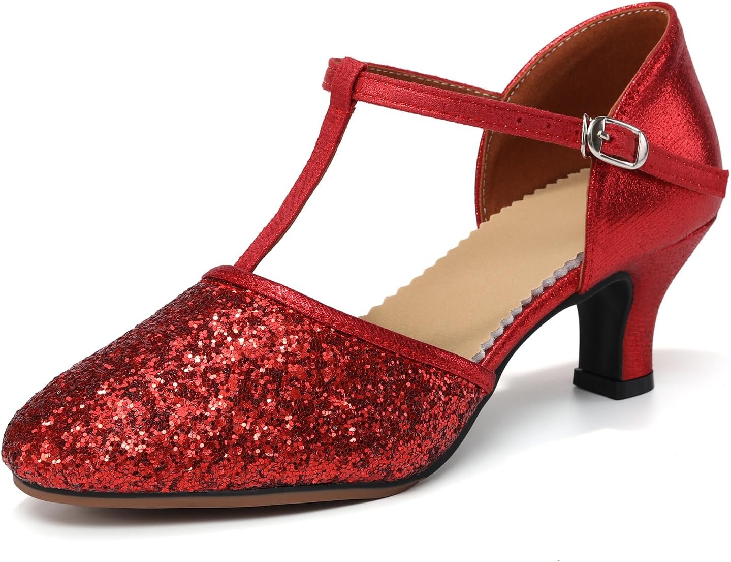 Women Latin Dance Shoes Sequin Closed Toe T-Strap Ballroom Salsa Tango Party Performance Dance Shoes,Model FT-135
