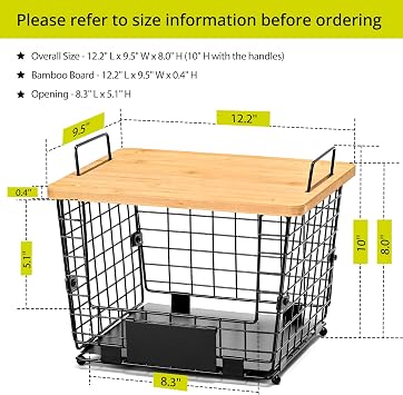 2 Set Large Stackable Wire Basket with Bamboo Tops & Tag- Pantry Organizer and Storage Bins, Kitchen Counter Cabinet Shelf Countertop Under Sink Organizing for Food Snack Produce Onion Potato Bread