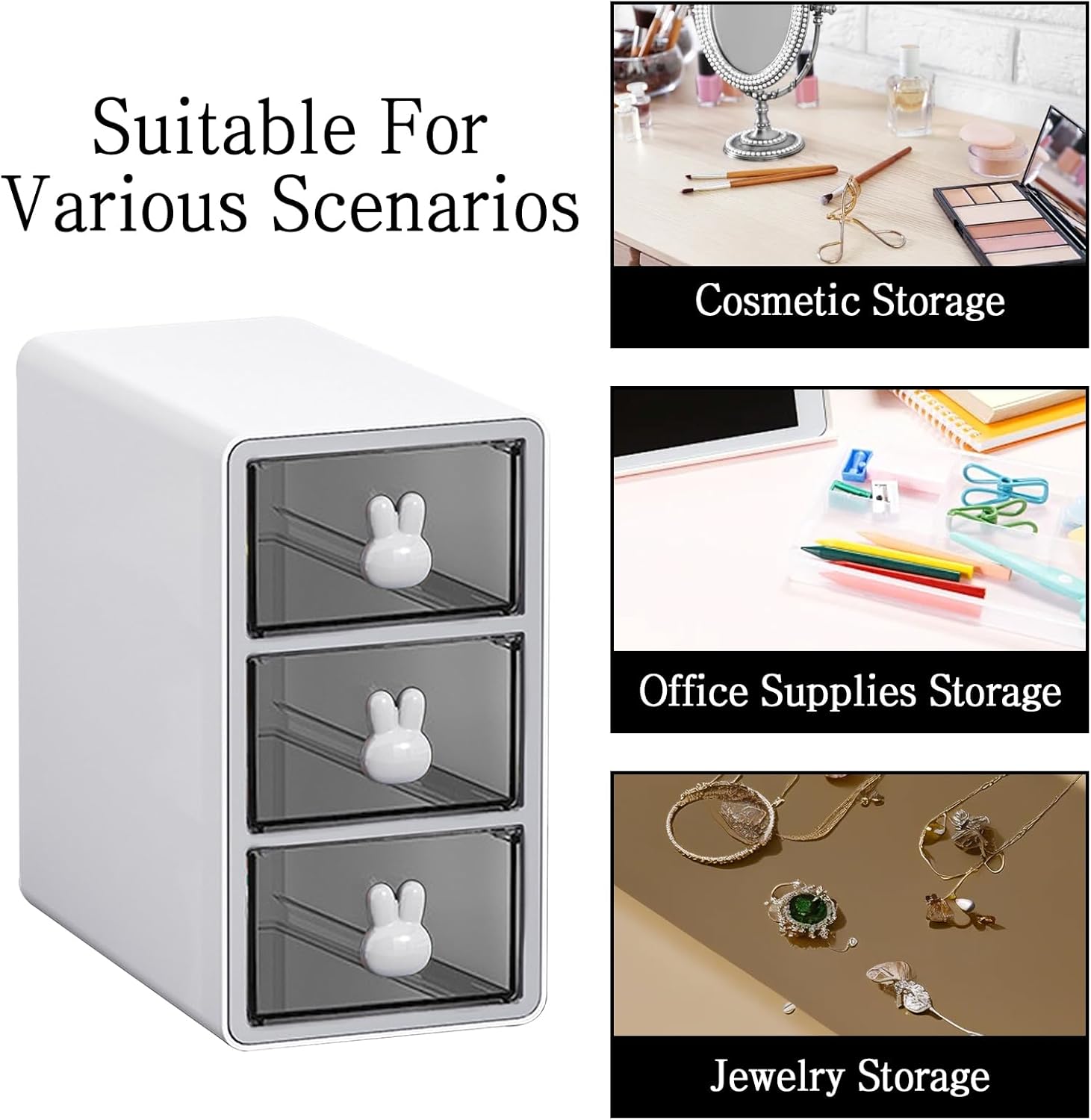 Stackable Desktop Storage Box with 3 Drawers, Transparent Multilayer Cosmetic Storage Box Desk Storage Box, Suitable for Office Desk Cosmetics (White)