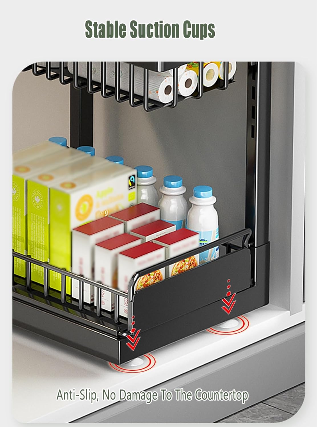 Under Kitchen Sink Organizer, Pull Out Cabinet Organizer Baskets with Hanging Cup, Adjustable & Removable, Carbon Steel Bathroom Storage Shelves,Black