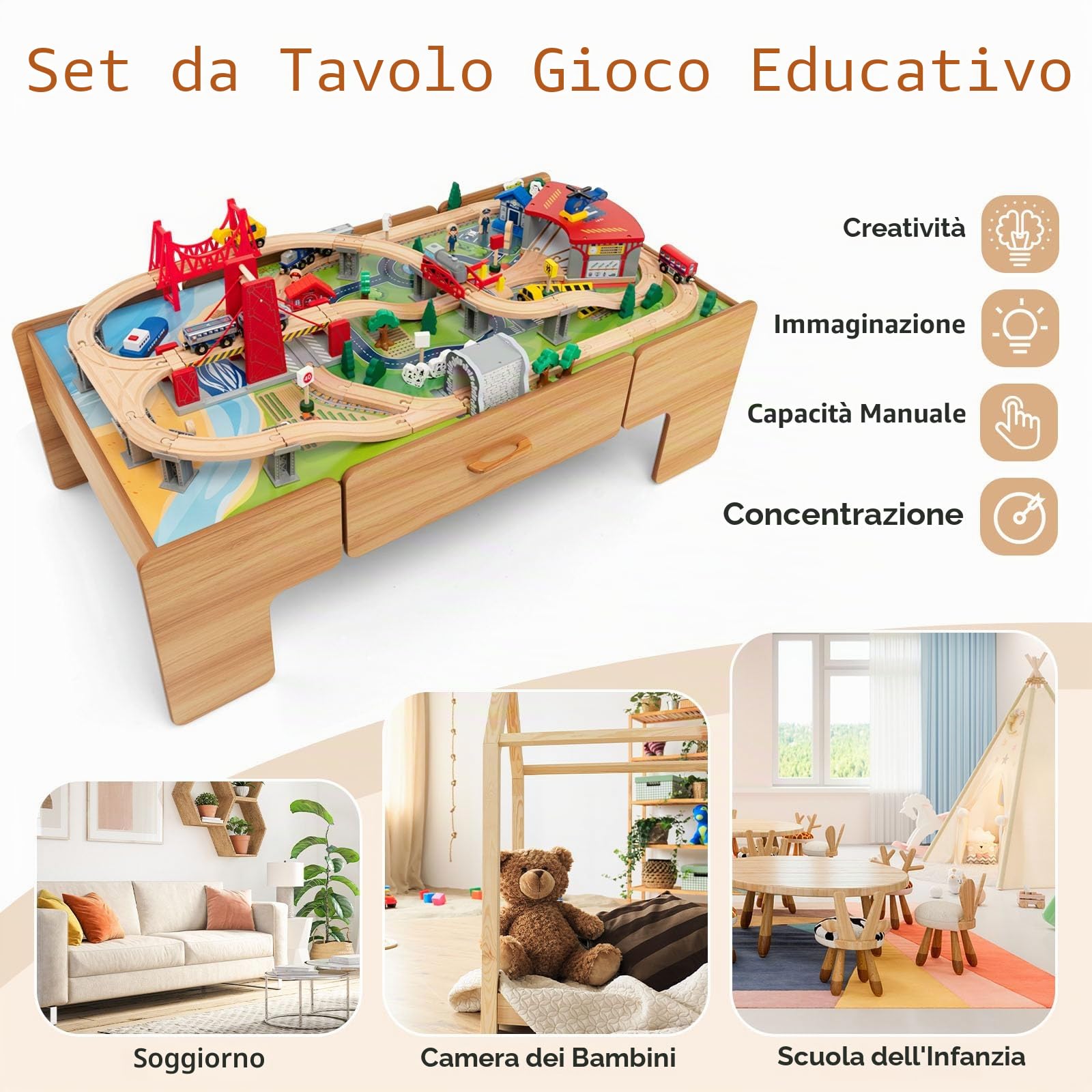 LIFEZEAL Tavolo da gioco con ferrovia in legno, set da 100 pezzi, in legno con cassetto, tavolo multifunzione per bambini 3 anni per giocare, fai da te, costruire (122 x 62,5 x 40 cm)