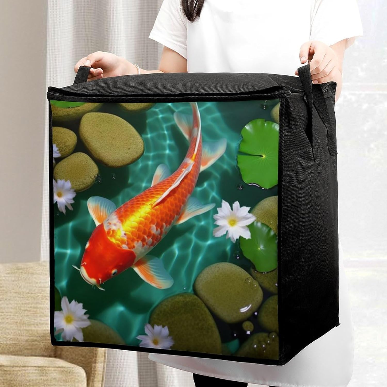 Portable Quilt Storage Bag,Japanese Carp Printed Foldable Wardrobe Storage Box Foldable Storage Bag with Lids And Handle Large Clothing Storage Bag for Comforters Clothes Blankets Pillows